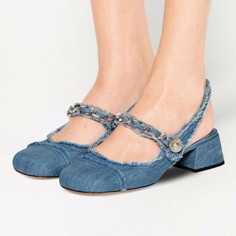 blue denim cloth sandals metal chains summer shoes woman square toe med-high heels jeans sandalias mujer 2024 mary janes shoes