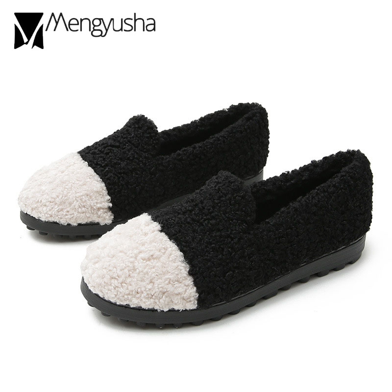 black/white color fcd0a lambfur mixed flats woman round toe rubber winter shoes ladies cotton moccasins warm fur loafers size 43