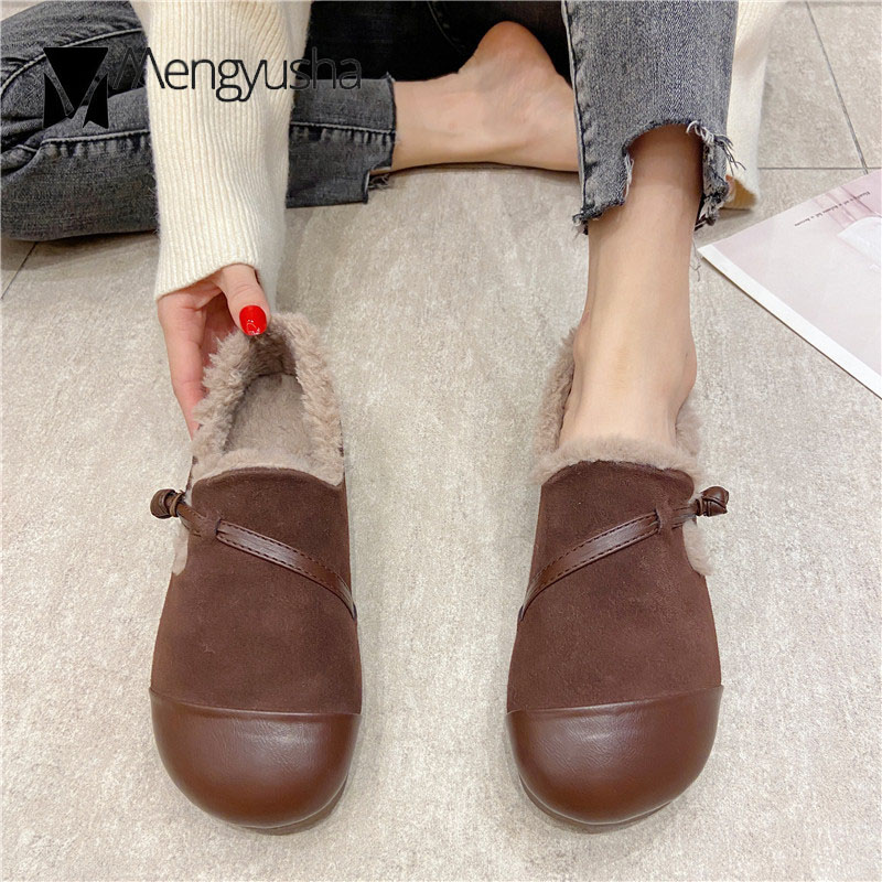 Plush Nubuck moccasins 18080 cowhide woman cord-knot real leather flats winter cotton shoes women slip on wool fur loafers plus size