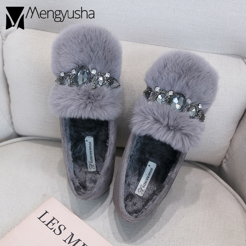 fur hair Rabbit Ladies 43333 shoes big size rhie winter plush cotton loafers flat heels crystal creepers new moccasins women