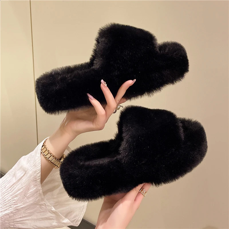 Fur Slippers Winter Platform Fluffy Slippers Furry Sabot Hairy Plush Women House Home Flat Cozy Fuzzy Indoor Shoes Casual 250226