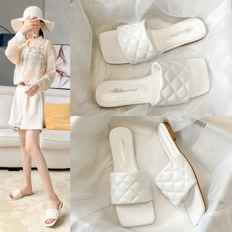 Leather Quilted Brief Slippers Woman Plaid Sewing Shoes Flats Low Heels Sandalias Mujer 2022 Open Toe Flipps Casual Slides 908