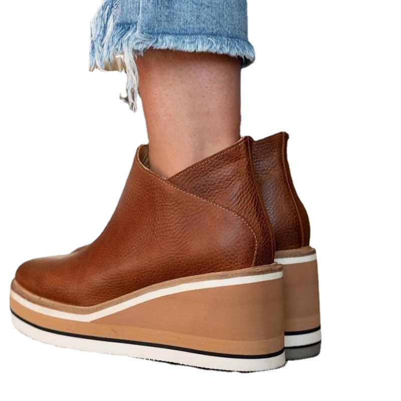 Size Plus Wedges Heels Women's Ankle Boots Comfortable Round Toe Lace Up and Zipper Shoes 2023 Autumn New Thicken botas de mujer 4624