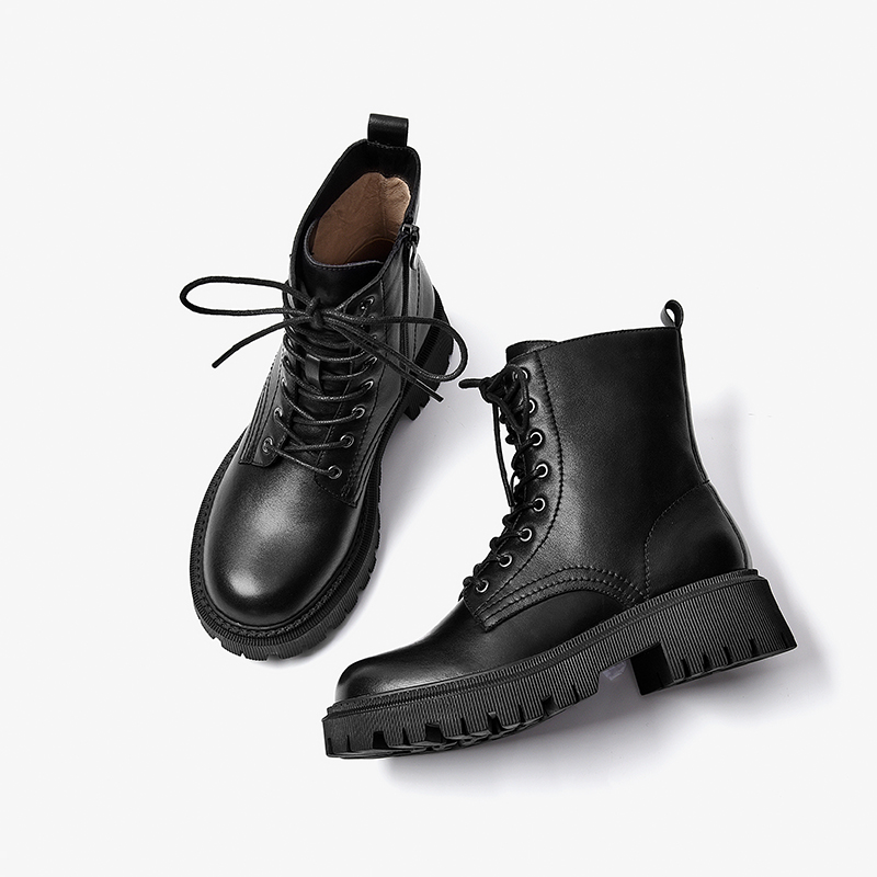 Ankle BeauToday Boots Women Genuine Cow Leather Round Toe Solid Color Side Zipper Retro Platform Ladies Shoes Handmade A04420 3870