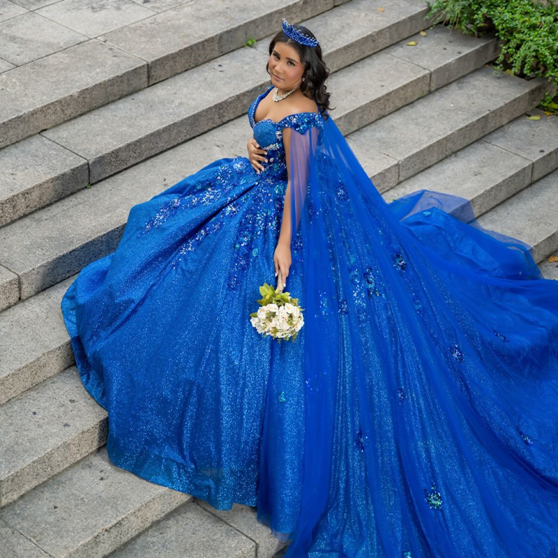 Mexican Royal Blue 2024 Quinceanera Dresses Sequin Applique Lace Beads Tull Sweet 16 Ball Gown With Cape Corset Vestidos De 15 Anos
