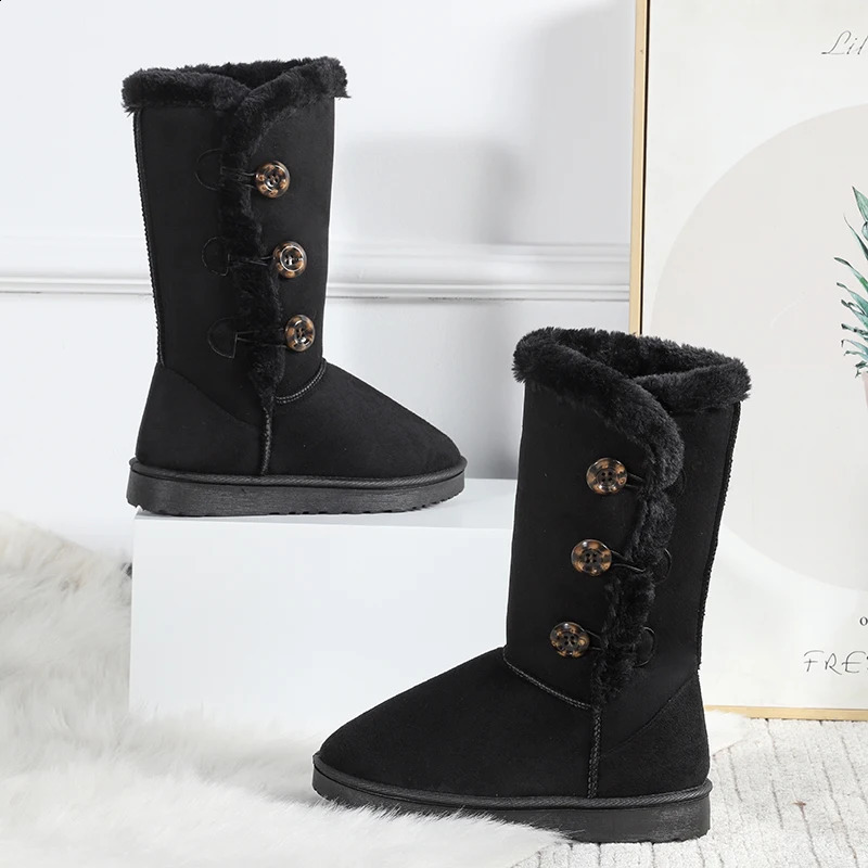 Winter Womens Flat Snow Button Plus Veet Keep Warm Mid Calf for Women Platform Shoes Causal Long Tube Boots 250304