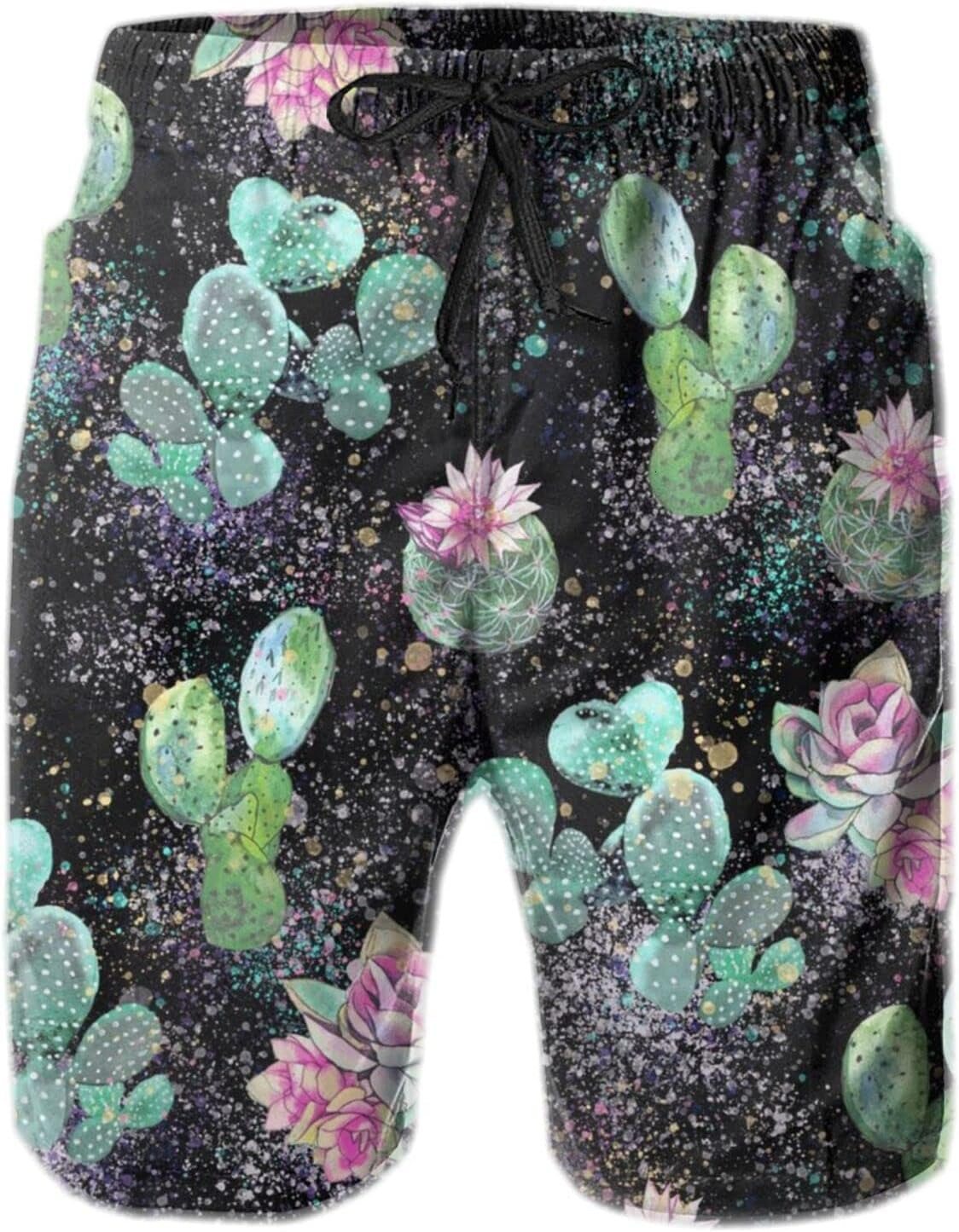Mens Shorts 3D Printed Pattern Cactus Blooming Swim Trunks Quick Dry Print Beach Board Swimwear