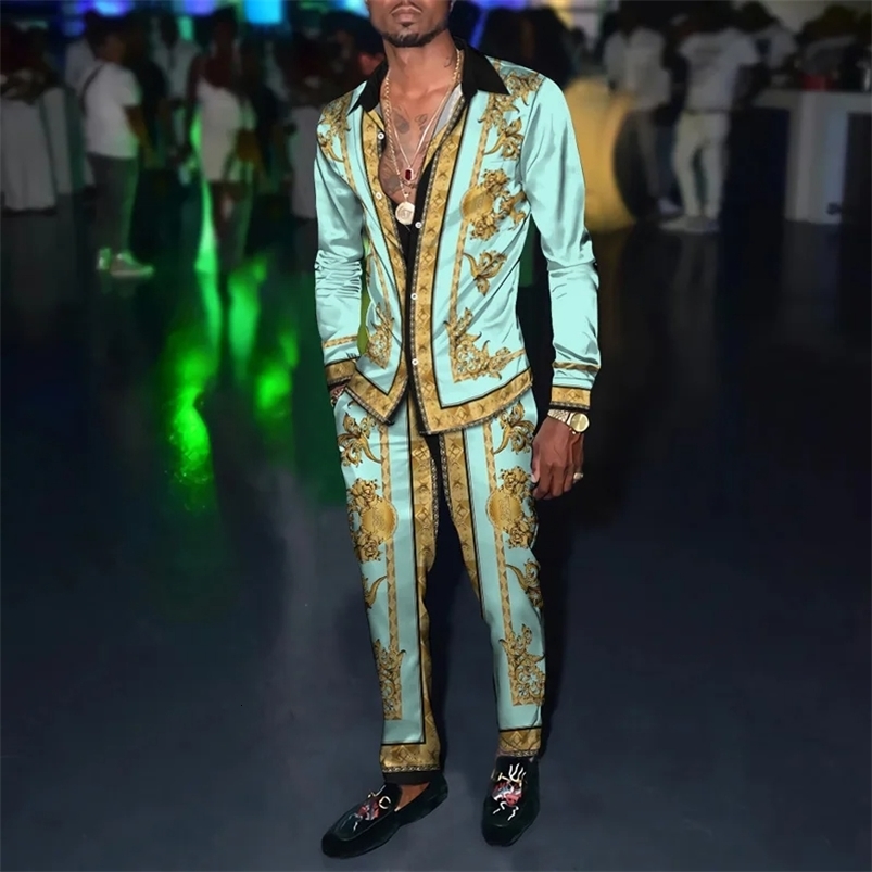 Mens Shirt Suits 3D Print Retro Harajuku Fashion Men Casuan Breathable Lapel Long Sleeve Pants Two Piece Set y240830