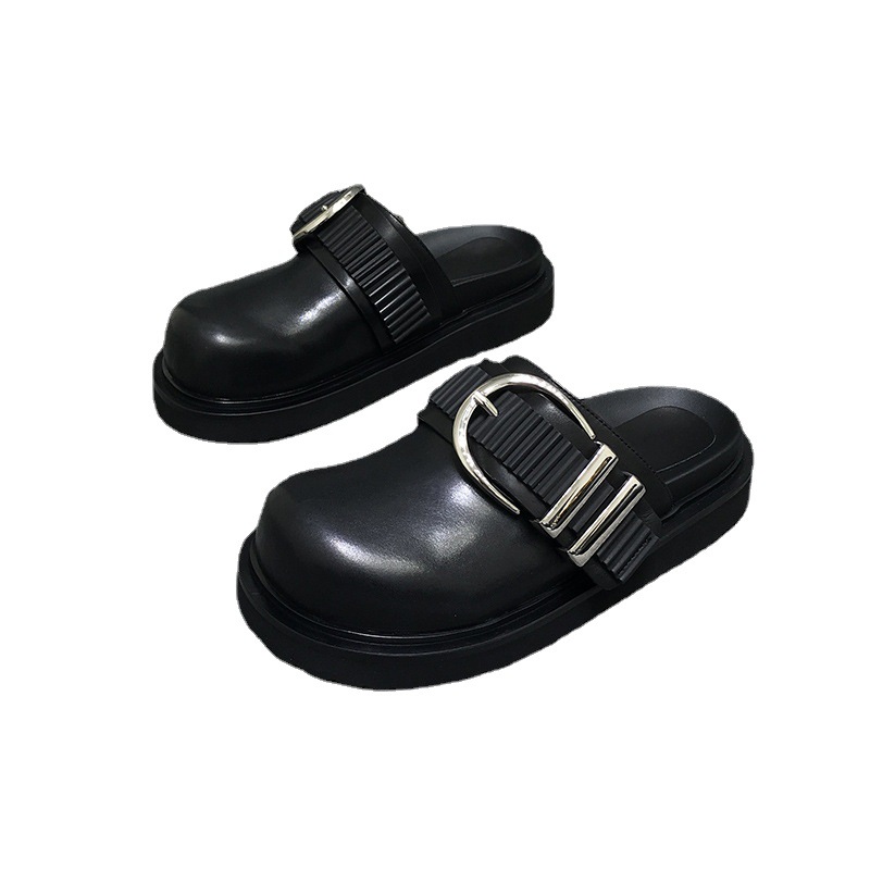 Slippers New Women 2023 Summer Fashion Closed Toe Leather Shoes Loafers High Platform Black Heels Mules Ytmtloy Wedges Indoor