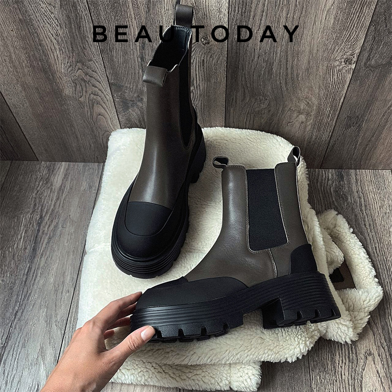 Ankle BeauToday Boots Platform Women Cow Leather Elastic Band Round Toe Slip-On Autumn Thick Sole Ladies Shoes Handmade 03A24 2c94