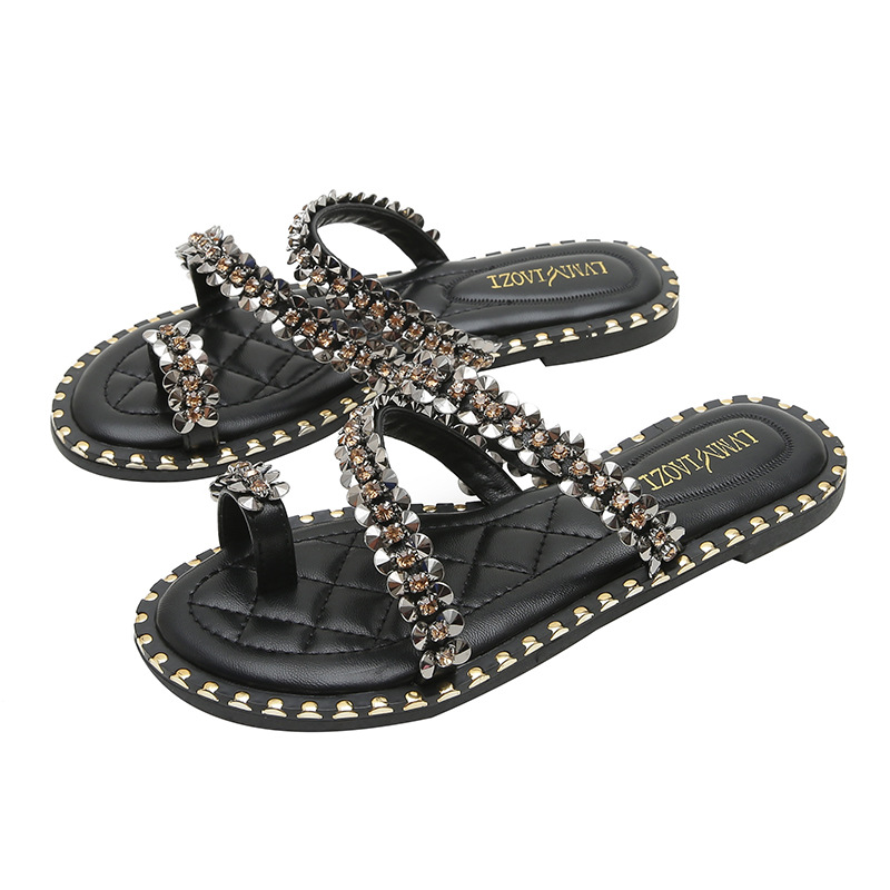 Stone Paillette Clip Toe Flipps Ladies Rivet Flats Sandals Women Big Size 34-43 Slippers Shoes Crystal Slides Sandalias Mujer 998