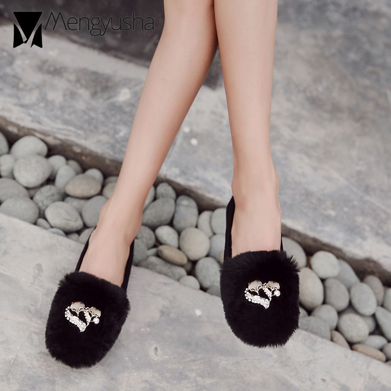cozy rabbit fur flats 84ee8 rhie buckle plush moccasins 41-43 big size crystal furry loafers women winter cotton shoes ry