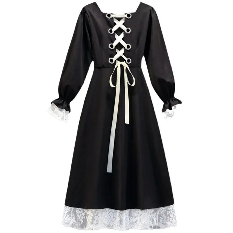 Strap waist loose long sleeved womens long skirt retro autumn Y2k black lace party vest De Mujer 240902 - view 6