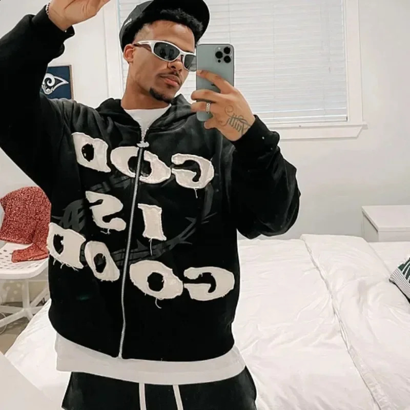 High Street Gothic Letter God Is Good Embroidered Oversize Zipper Hoodie Mens And Womens Y2K Harajuku Hip-hop Casual Joker Top 240902