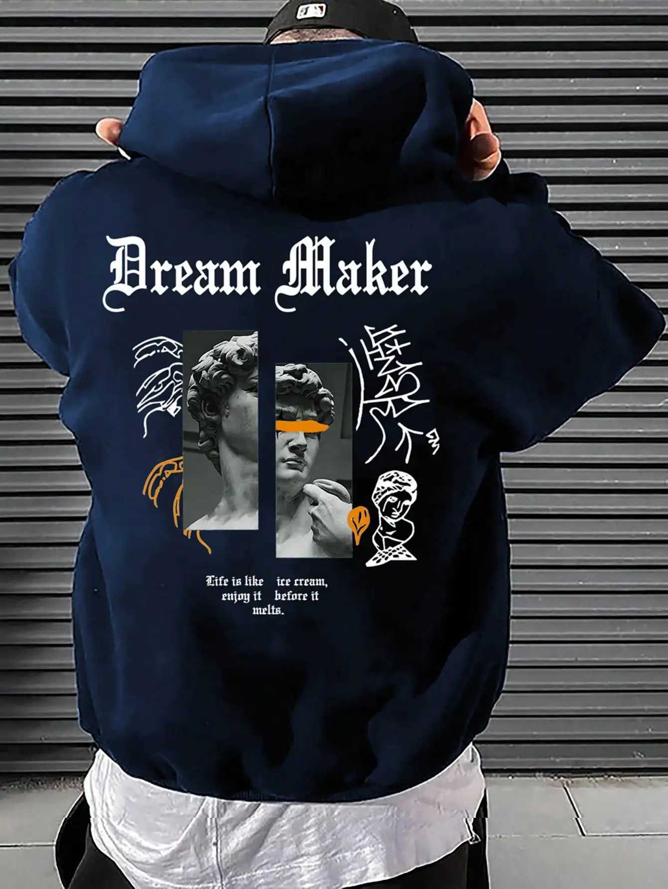 Dream Maker Brave Sculpture Pattern Men Clothing Creative Pocket Hoodies Hip Hop Autumn Streetwear Fleece Casual Male Clothing W251027