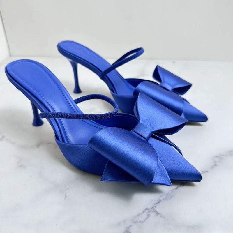 2024 New Blue Women's Sandals Fashion Bow High Heels Sexy Pointed Designer Women's Shoes