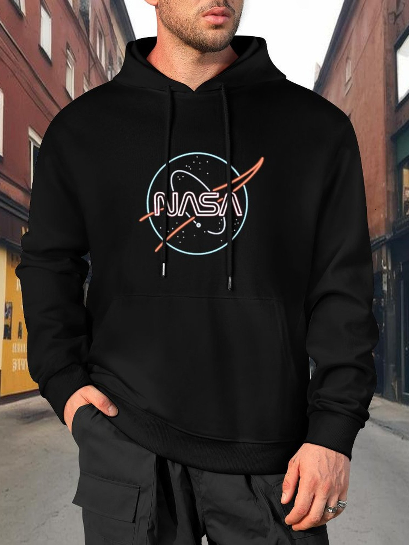 "Nasa" Creative Print, Kangaroo Pocket, Drawstring, Men's Autumn And Winter Casual Hooded Sweatshirt