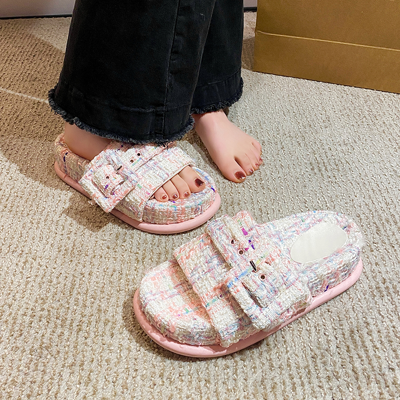 Thicken 2023 Soled Platform Slippers Woman Buckle Band Slides Tweed Cloth Shoes Ladies Muffins Flipps Elevated Sandals Femmes