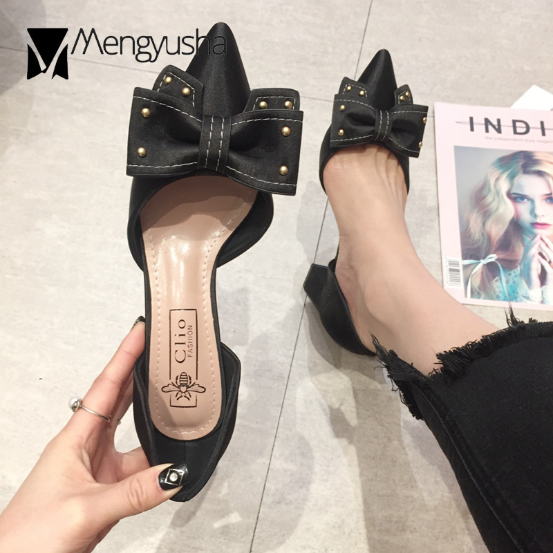 satin afb8f heels New black/pink bow rivets decoration silk pumps glamorous women thick high heel shoes chaussure femme talon c651