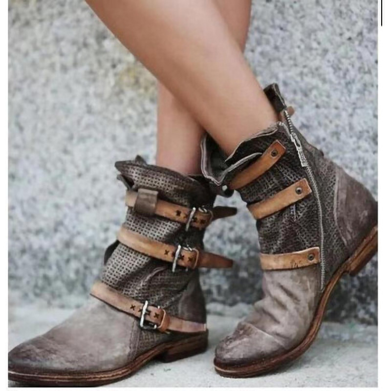 2025 NEW Vintage Women's Gladiator Boots with Chunky Low Heels and Round Toes - Durable PU Leather Design boots