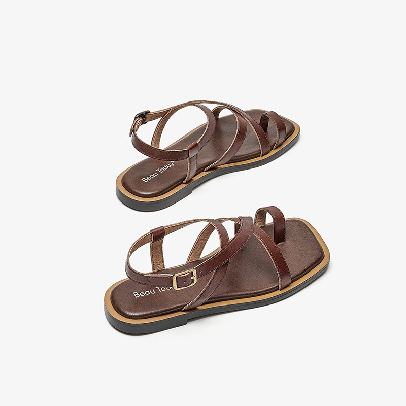 Gladiator BeauToday Sandals Women Cow Leather Vintage Ankle Cross Strap Square Toe Thumb Summer Ladies Flat Shoes Handmade 32361 9d09