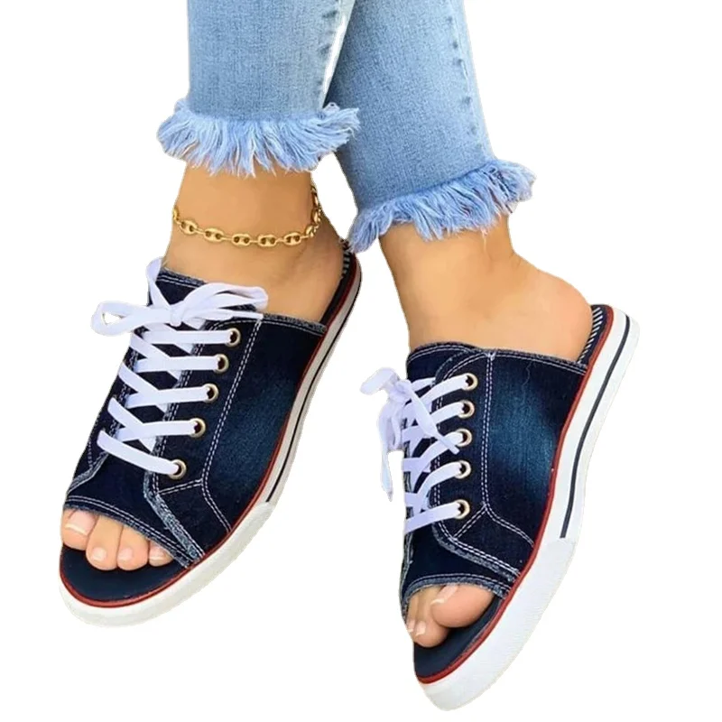 Ladies Slippers Canvas Lace-up Open-toed New Flat-Bottom Casual Women Fashion Denim Beach Shoes 35-43