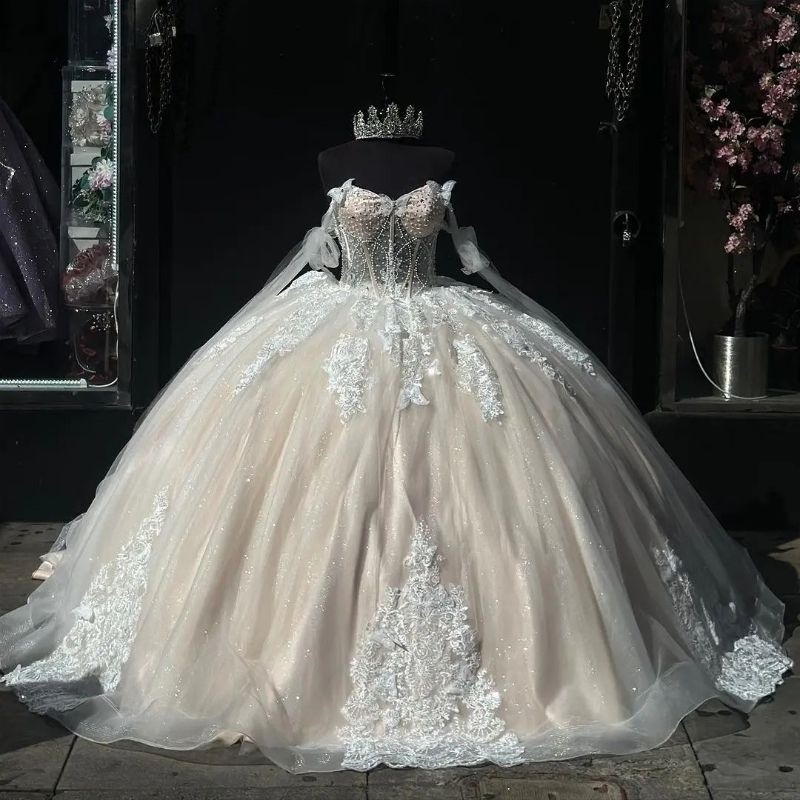 Light Champagne Vestidos De 15 Anos Quinceanera Dresses Lace Applique Beads Tull Off the Shoulder Princesa Party Birthday Gowns Sweet 16 Dress
