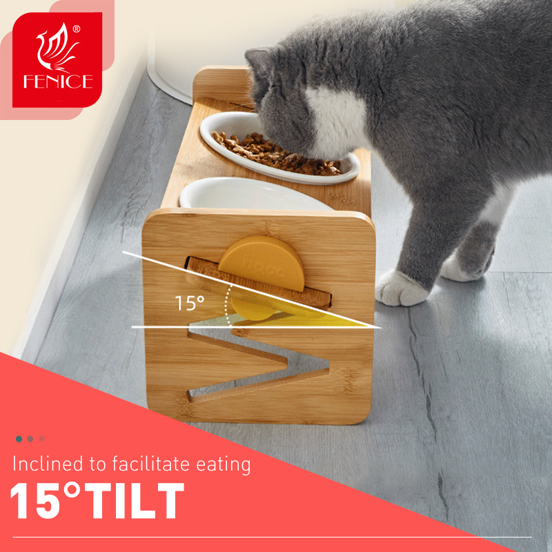 Fenice Cat Bamboo Bowl Ceramic Protection Double Bowl Anti-overturning Adjustable Dog Bowl Holder Feeding Pet Supplies
