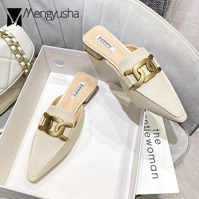 Plus Size 41/42 Women Metal Chain Slippers Square Low Heels Mules Ladies Sewing Shoes Summer Closed Pointed Toe Slides Sandalias