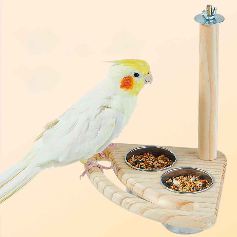 Bird Perch With 2 Stainless Steel Bird Feeding Dish Cups Parrot Cage Top Branch Standing Bird Feeder Parrot Food Water Bowls