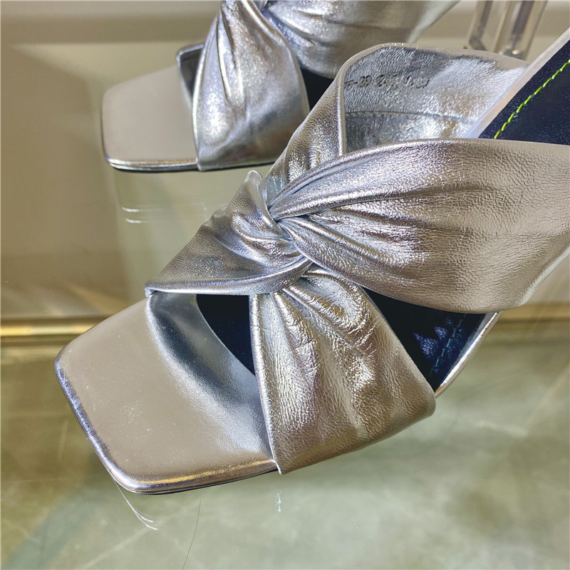 designer brand pleated cross band high heels slippers women gold/sier tweak bow New knot flip ps clear heeled sandalias mujer