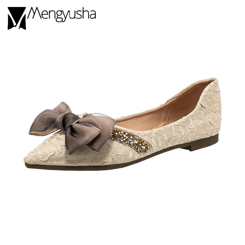 0b5a9 elegant lace bow laides flats pointed toe crystal glitter decoration ballerinas shoes woman silk pleated loafers big size 43