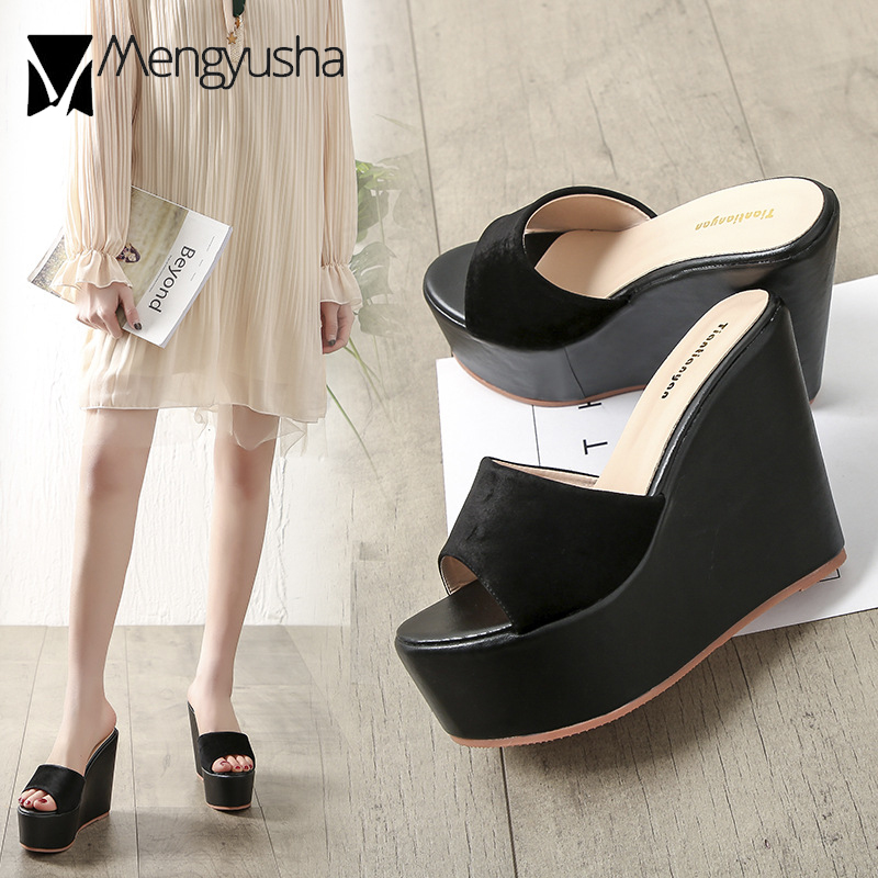 7cm Platform Wedges Sandals Women High Heels Flock Shoes Summer Open Toe Height Increased Slippers Ladies Trendy Flipflops 2024