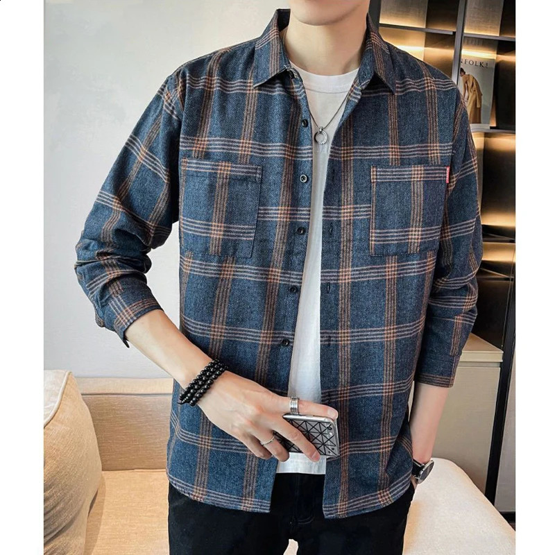Spring Autumn Men Korean Fashion Classic Vintage Plaid Simple Shirts Youth Casual Long Sleeve Loose Tops Camisa Masculina 240902