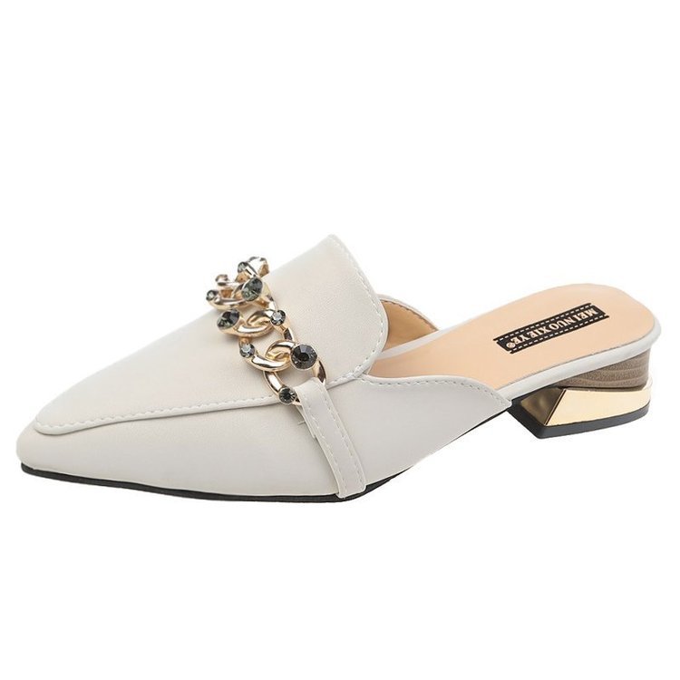 Women Mules Pointed Toe Low Heels Chain Fashion Office Ladies Fashion Pumps Sandals Shoes Autumn PU Office Footwear oiu9drt