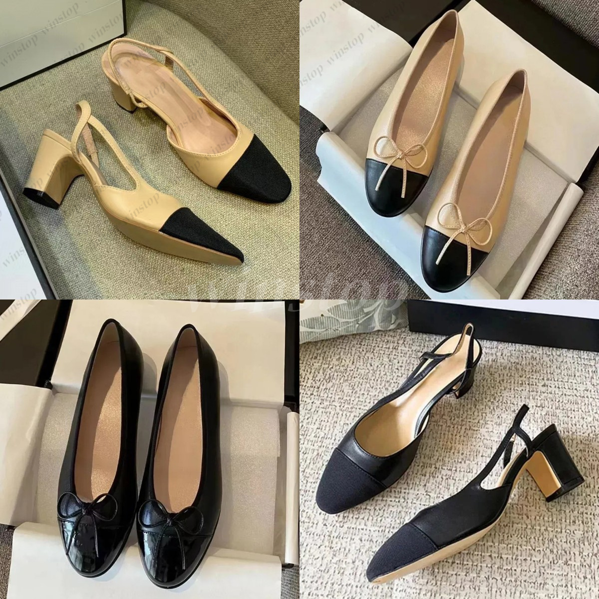 Ballet Flats Designer Slingback Sandals High Heels Paris Brand Women Dress Shoes Black Quilted Genuine Leather Slip on Ballerina Luxury Round Toe Ladies