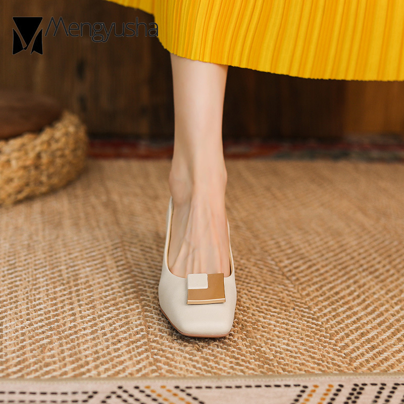 Heels fbf03 High Chunky Woman Mary Jeans Genuine Leather Sheepskin Pumps Brand Metal Buckle Loafers Ladies Office Dress Wedding Shoes