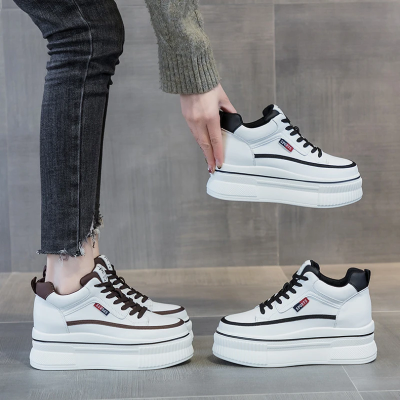 Fujin 8.8cm Platform Wedge Sneakers Chunky Genuine Leather Women for Spring Autumn Breathable White Shoes Vulcanized for Summer