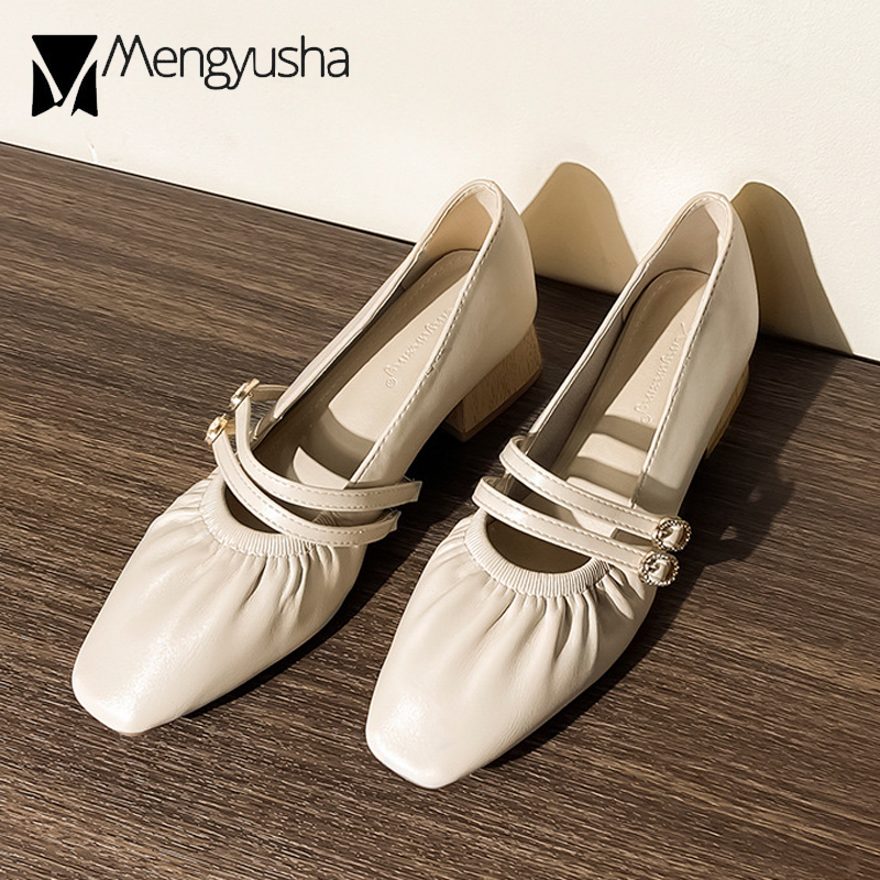2025 new Woman High 3.5 Heels 61181 Crystal Buckle Strap Shoes Pleated Leather Loafers Femme Wood Heeled Tacones Dress Trendy Pumps Mary Jeans