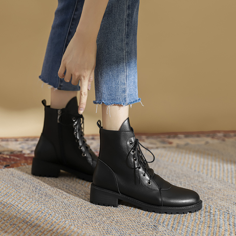 designer pleasted new leather ankle boots thick heels short riding botas lace up rubber booties for women 5d07