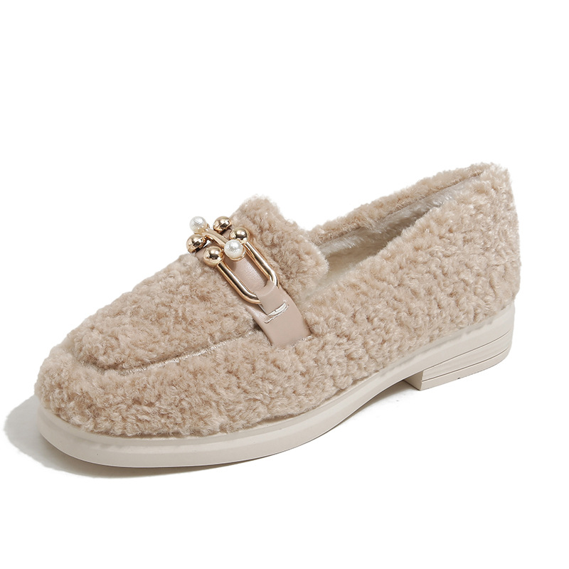 fur metal buckle 391ae decoraton flat shoes woman 2023 new designer lambfur loafers pearl pandent square toe plush mules women flats lamb s