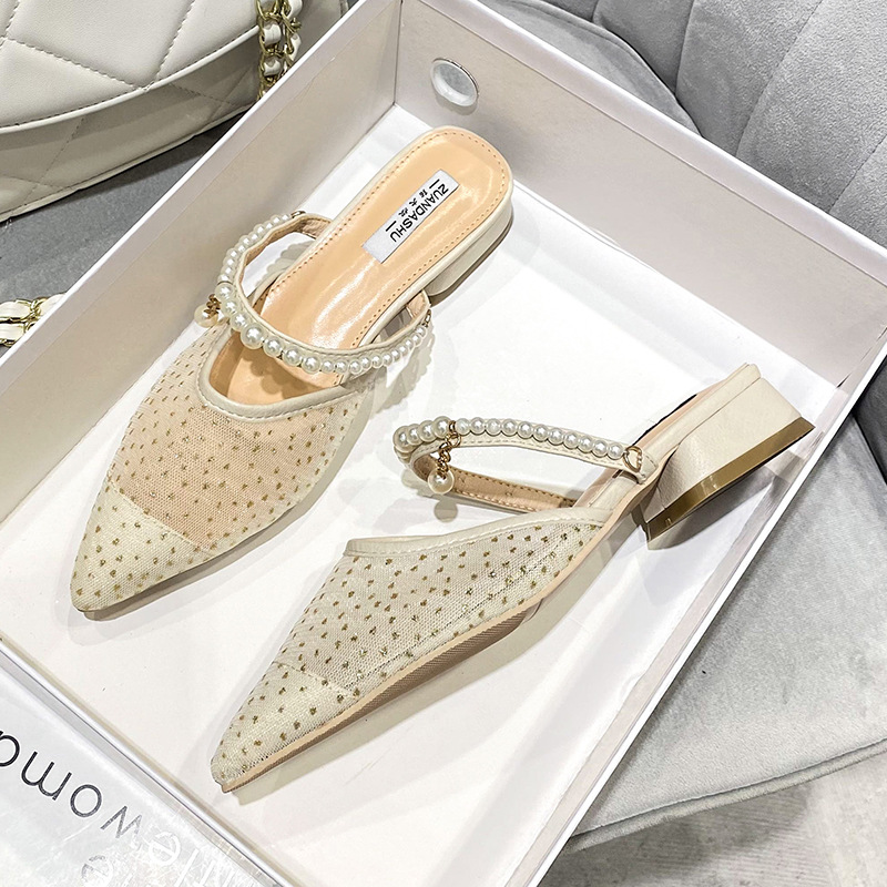 gold/silver glitter lace women slippers pointed toe pearl ankle band slides shoes female thick heel mesh mules flip flops size42
