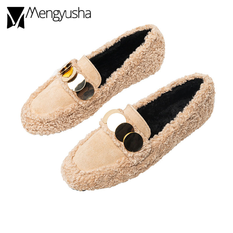 metal 55c3b gold sheet decoration lamb flats women warm plush padded winter ladies suede patchwork curly fur cotton shoes