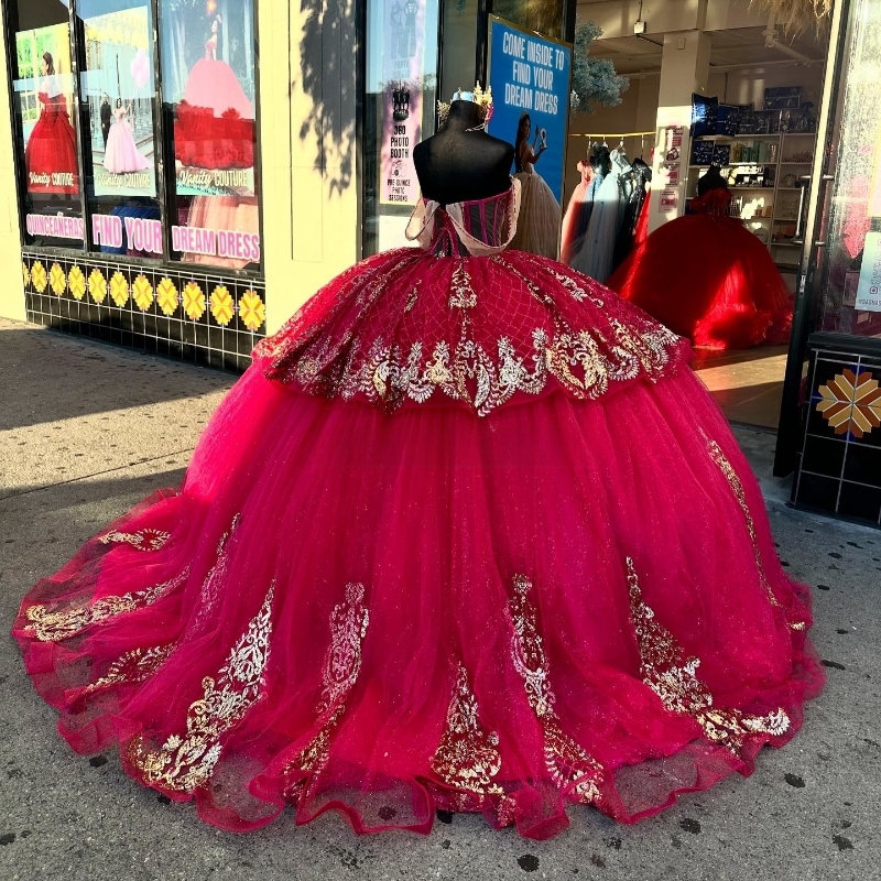 Red Beading Tassel Ball Gown Quinceanera Dresses Off The Shoulder Gold Appliques Lace Tull Vestidos De 15 Anos Sweet 16 Dress