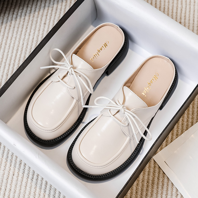 Closed 2023 Square Toe Mules Woman Thick Heels Slippers Lace-Up Boat Shoes Ladies Wide Fat Slides Travel Semi Trailer Sandals 722