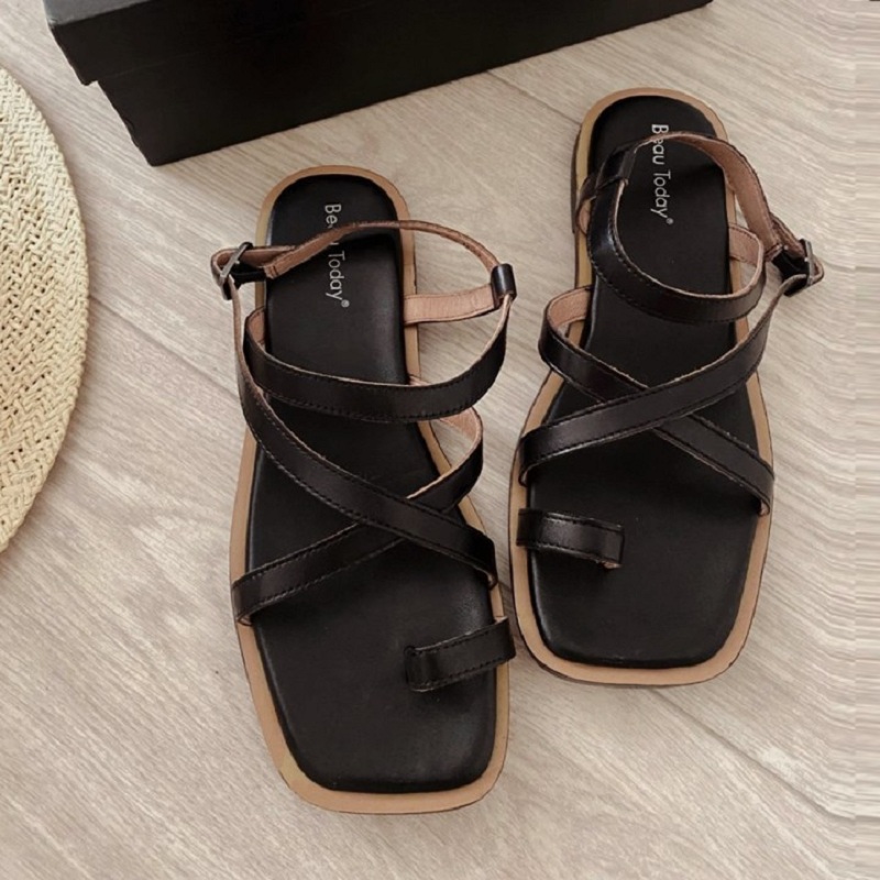 Gladiator BeauToday Sandals Women Cow Leather Vintage Ankle Cross Strap Square Toe Thumb Summer Ladies Flat Shoes Handmade 32361 9d09