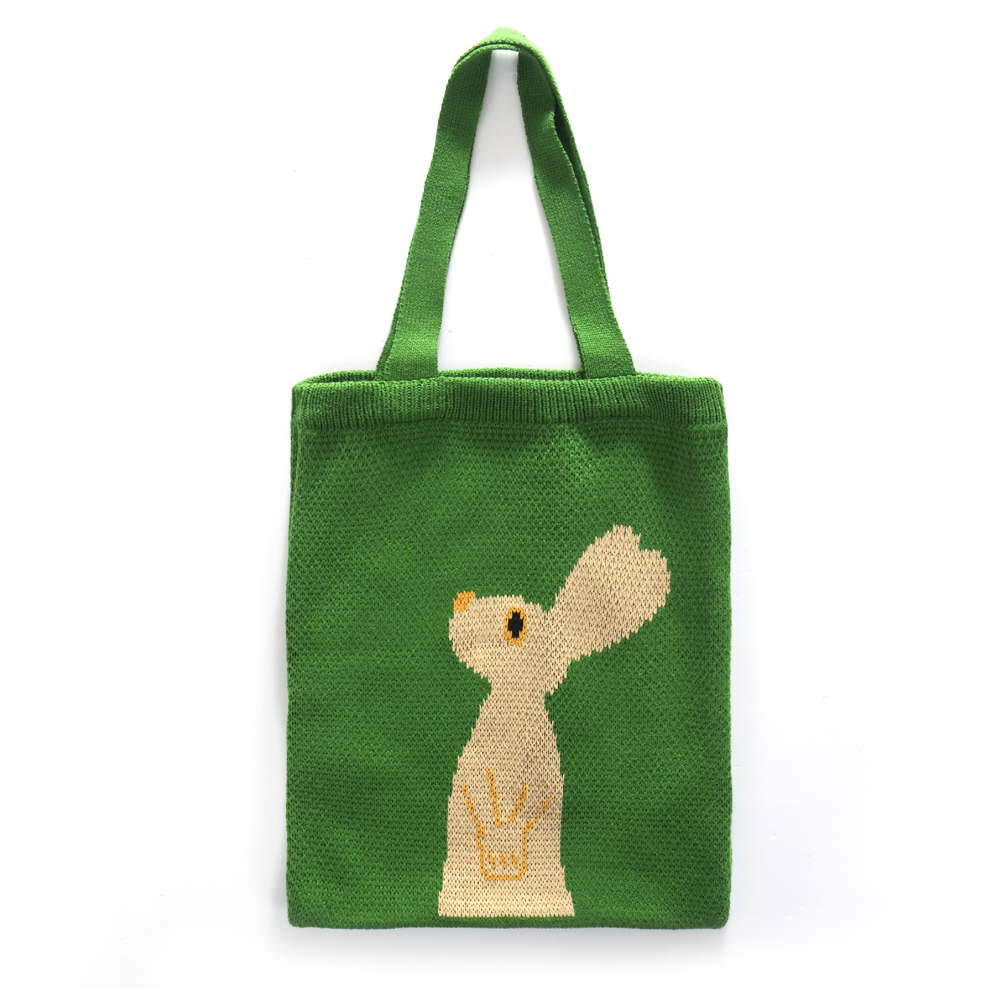 Knitted Japanese and Korean fashion trend, looking up at rabbit woven women's hand-held shopping bag, small fresh single shoulder