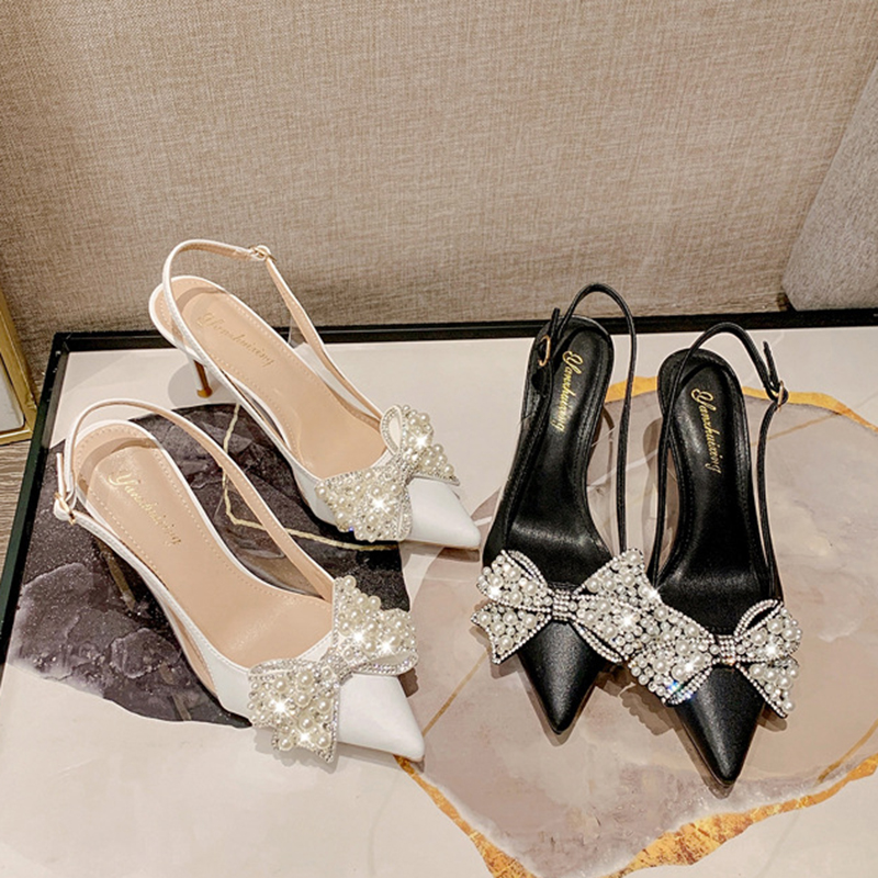 woman wedding Bead 60a14 Bow-knot pearl patchwork clear pumps belt buckle sandalias pointed toe thin high heels shoes women 2022