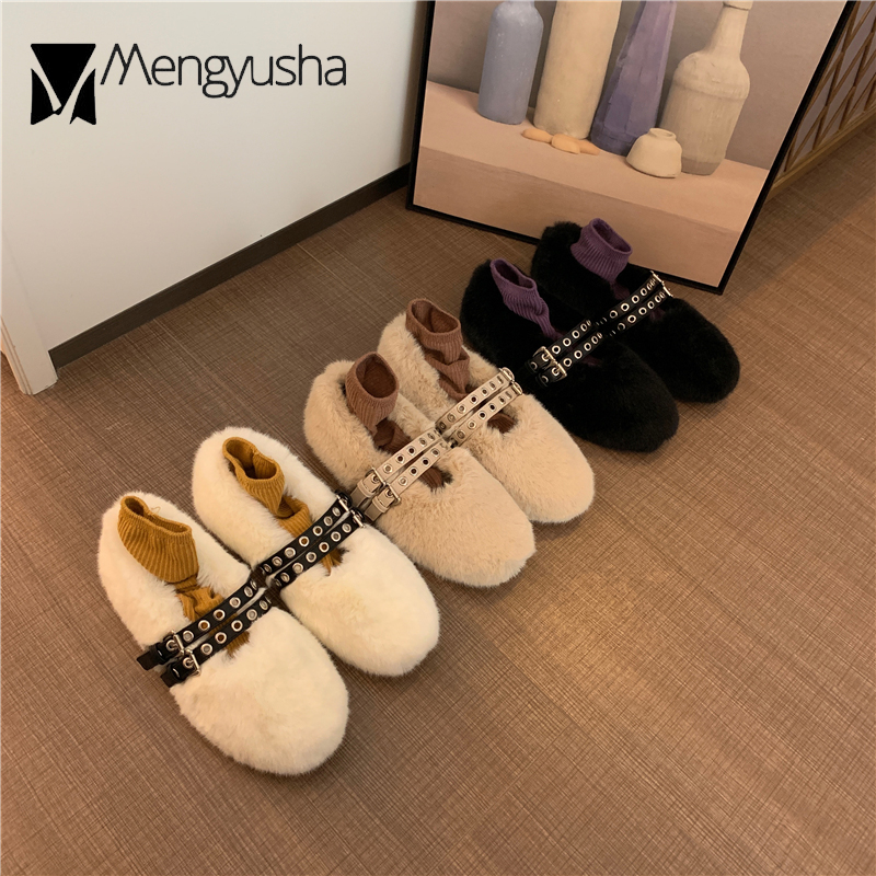 3347f shoes Winter Cotton for women ballerina cozy cotton loafers warm plush moccasins woman double studs buckle belt fur flats 2023