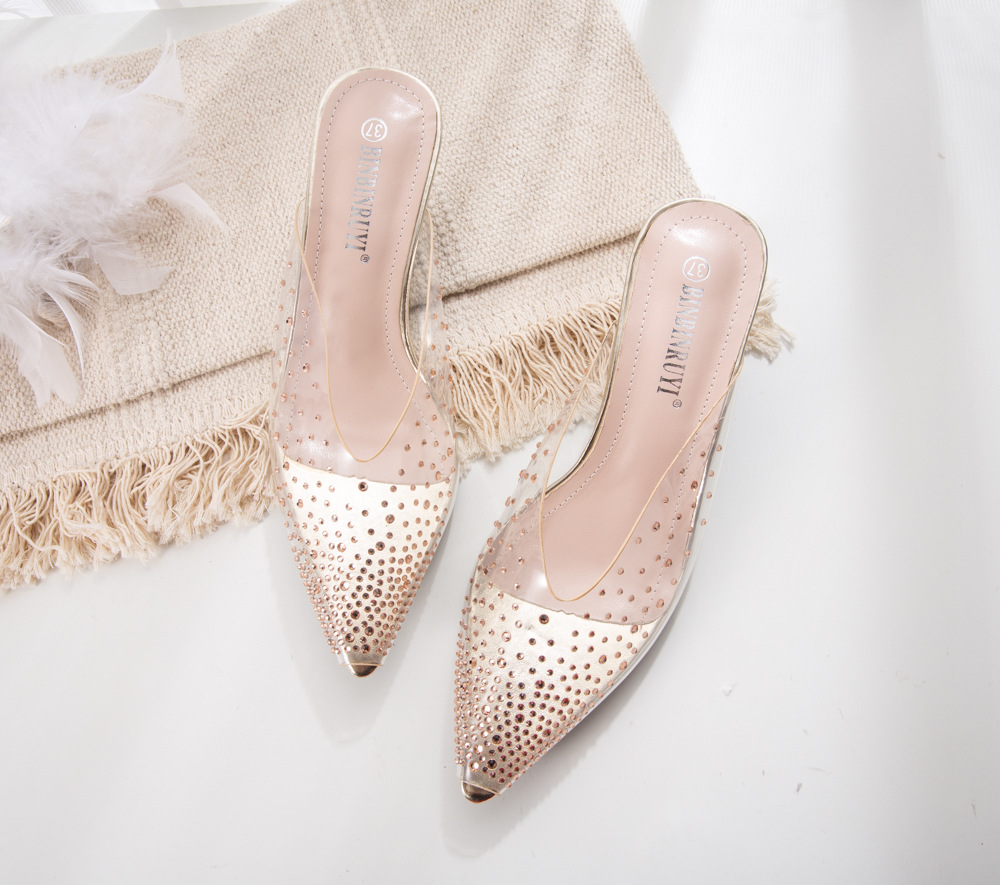 Netcelebrity Transparent crystal peep toe slingback woman pumps gold/silver slip on slides clear thin high heels shoes women2020